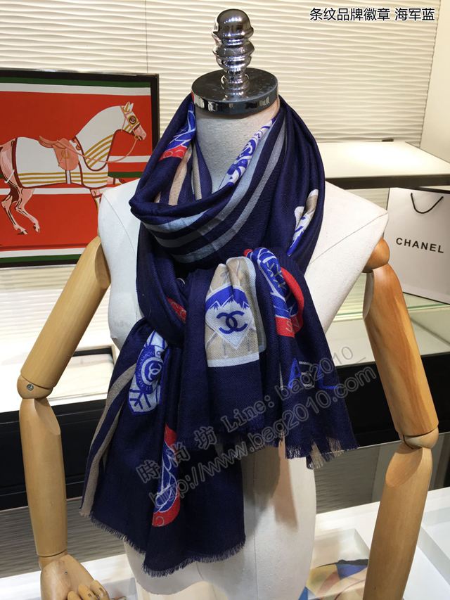 CHANEL圍巾 秋冬新款 條紋品牌徽章 香奈兒頂級純山羊絨女圍巾  llwj6744